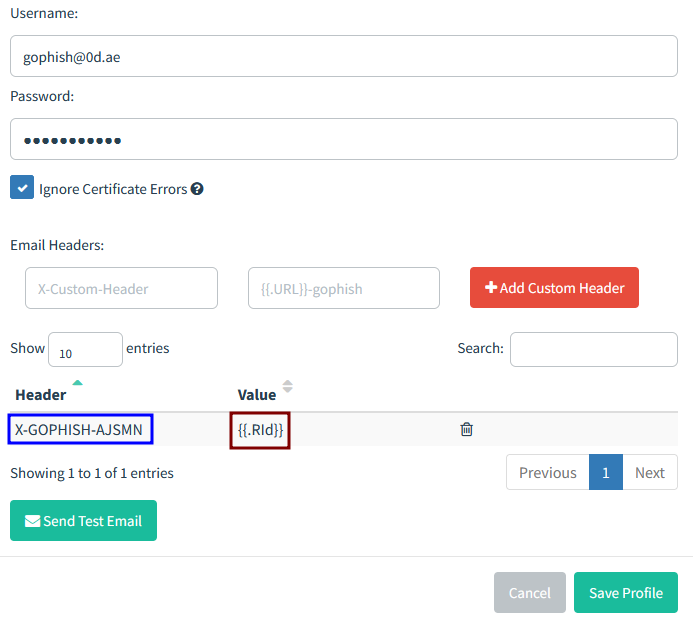 إضافة الترويسة في GoPhish