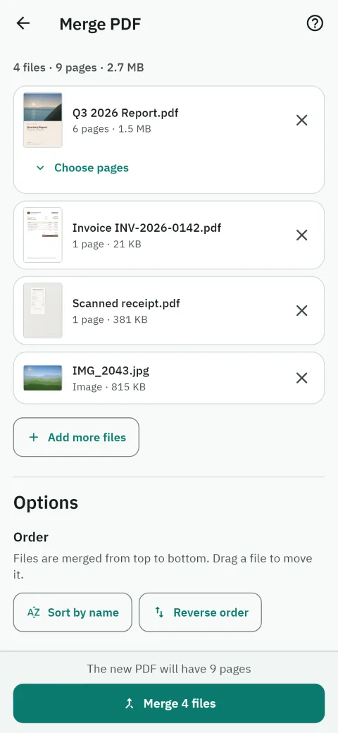 Merge PDF on a phone: a report, an invoice, a scanned receipt and a photo with thumbnails, ready to become one 9-page PDF