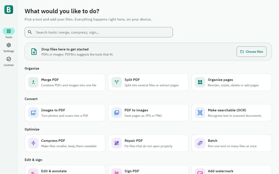 The PDFBro home screen: a search box, a drop area for files, and the tools grouped into Organize, Convert, Optimize and Edit & sign