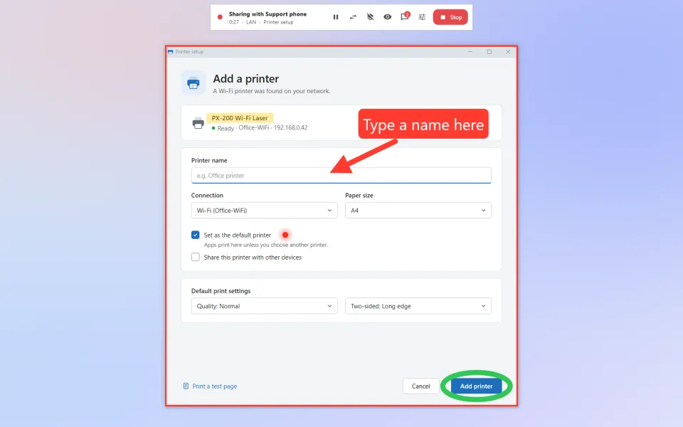 A shared printer setup window on the PC: the helper's highlight, text label, arrow, ellipse and laser pointer inside the red sharing border, with the session bar above